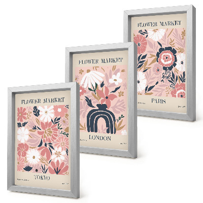 Ensemble de 3 tableaux Motifs floraux à Tokyo, Londres et Paris
