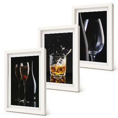 Lot de 3 tableaux Verres de vin et de whisky sur fond noir