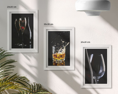 Lot de 3 tableaux Verres de vin et de whisky sur fond noir