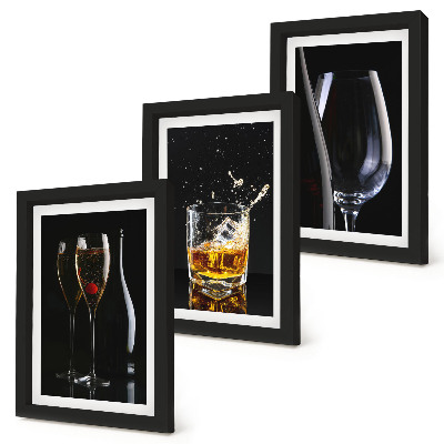 Lot de 3 tableaux Verres de vin et de whisky sur fond noir