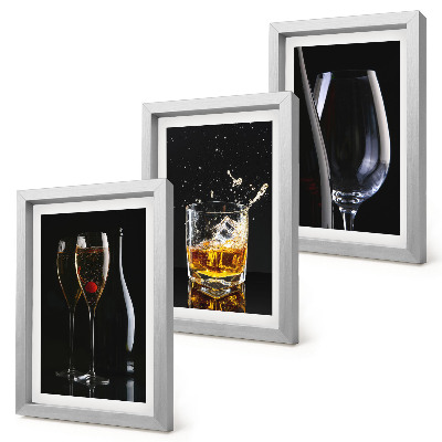 Lot de 3 tableaux Verres de vin et de whisky sur fond noir