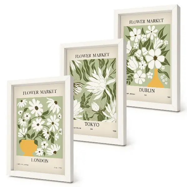 Ensemble de 3 tableaux affiches florales sur les thèmes de Londres, Tokyo et Dublin