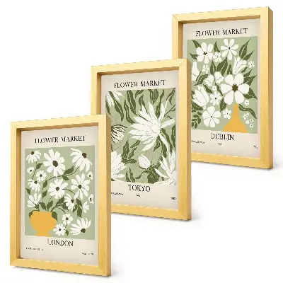 Ensemble de 3 tableaux affiches florales sur les thèmes de Londres, Tokyo et Dublin