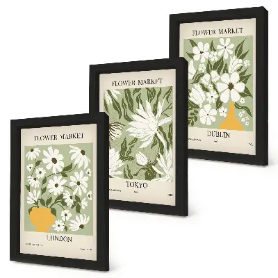Ensemble de 3 tableaux affiches florales sur les thèmes de Londres, Tokyo et Dublin