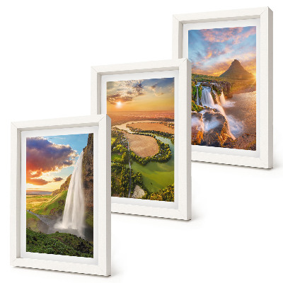 Mur de cadres Cascades, paysages montagneux et rivières au coucher du soleil