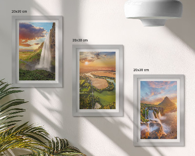 Mur de cadres Cascades, paysages montagneux et rivières au coucher du soleil