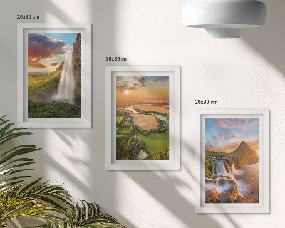 Mur de cadres Cascades, paysages montagneux et rivières au coucher du soleil