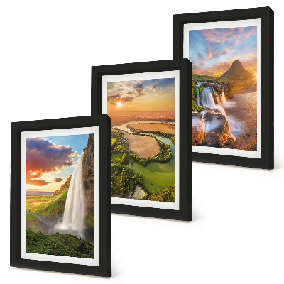 Mur de cadres Cascades, paysages montagneux et rivières au coucher du soleil