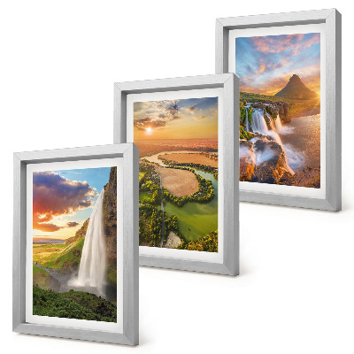 Mur de cadres Cascades, paysages montagneux et rivières au coucher du soleil