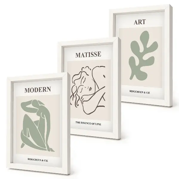 Mur de cadres avec des personnages et des plantes au design minimaliste