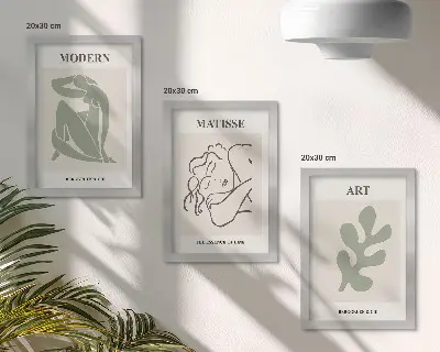 Mur de cadres avec des personnages et des plantes au design minimaliste