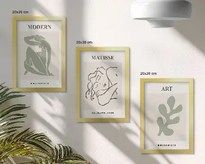 Mur de cadres avec des personnages et des plantes au design minimaliste