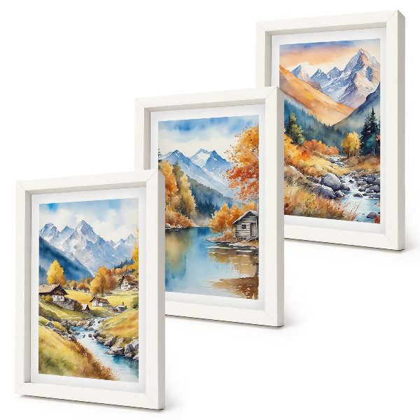Lot de 3 tableaux Montagnes aux couleurs automnales, traversées par une rivière et parsemées de chalets.