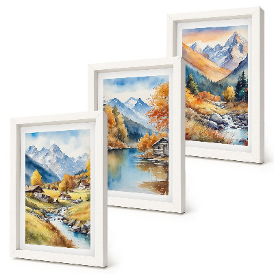 Lot de 3 tableaux Montagnes aux couleurs automnales, traversées par une rivière et parsemées de chalets.