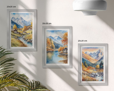 Lot de 3 tableaux Montagnes aux couleurs automnales, traversées par une rivière et parsemées de chalets.