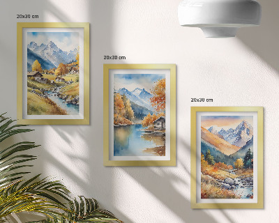 Lot de 3 tableaux Montagnes aux couleurs automnales, traversées par une rivière et parsemées de chalets.