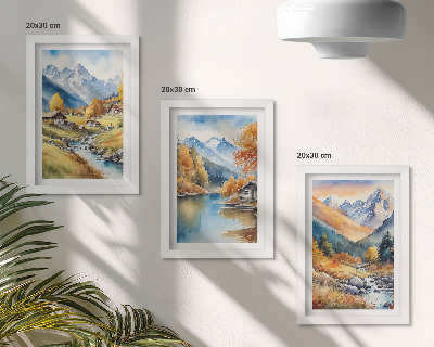 Lot de 3 tableaux Montagnes aux couleurs automnales, traversées par une rivière et parsemées de chalets.