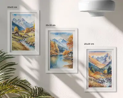 Lot de 3 tableaux représentant des montagnes aux couleurs automnales traversées par une rivière et parsemées de chalets