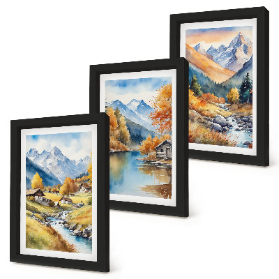 Lot de 3 tableaux Montagnes aux couleurs automnales, traversées par une rivière et parsemées de chalets.