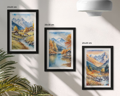 Lot de 3 tableaux Montagnes aux couleurs automnales, traversées par une rivière et parsemées de chalets.