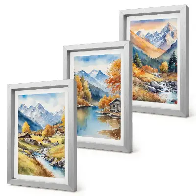 Lot de 3 tableaux représentant des montagnes aux couleurs automnales traversées par une rivière et parsemées de chalets