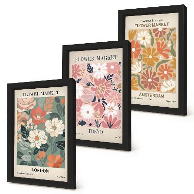 Ensemble de 3 tableaux Affiches à motifs floraux de Londres, Tokyo et Amsterdam