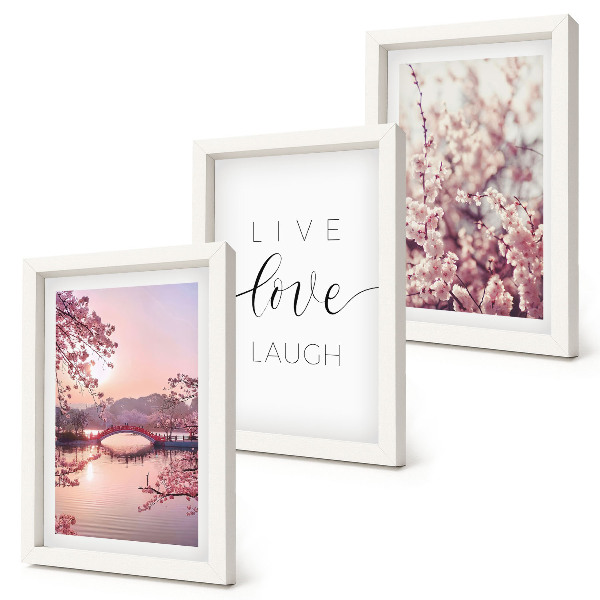 Ensemble de 3 tableaux Motifs floraux avec un pont et une inscription