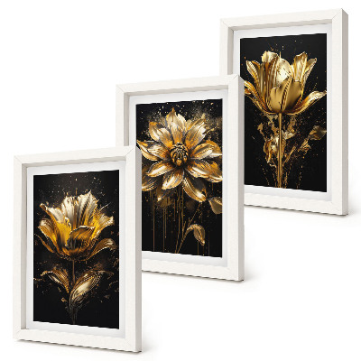 Lot de 3 tableaux Fleurs dans des tons de jaune sur fond sombre