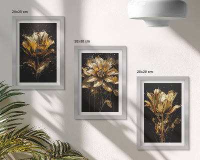 Lot de 3 tableaux Fleurs dans des tons de jaune sur fond sombre
