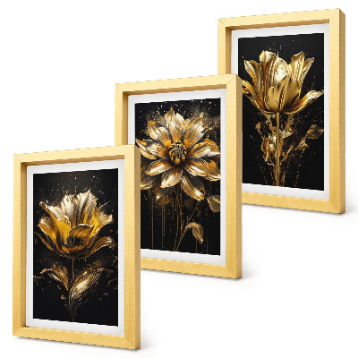 Lot de 3 tableaux Fleurs dans des tons de jaune sur fond sombre