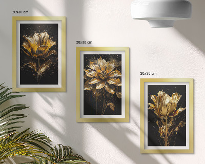 Lot de 3 tableaux Fleurs dans des tons de jaune sur fond sombre