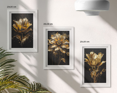 Lot de 3 tableaux Fleurs dans des tons de jaune sur fond sombre