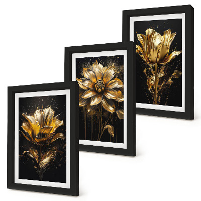 Lot de 3 tableaux Fleurs dans des tons de jaune sur fond sombre