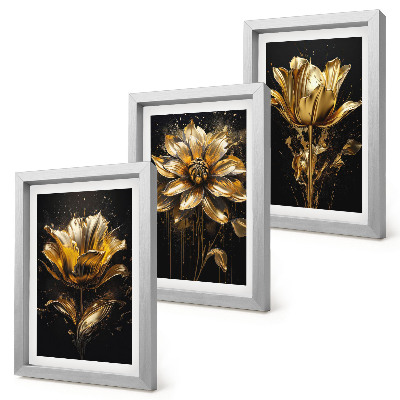 Lot de 3 tableaux Fleurs dans des tons de jaune sur fond sombre