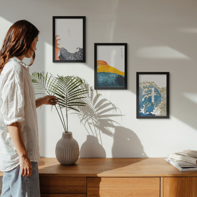 Ensemble de 3 tableaux Vagues dans le style graphique japonais