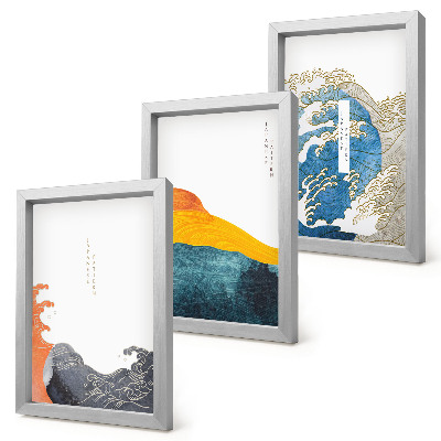 Ensemble de 3 tableaux Vagues dans le style graphique japonais