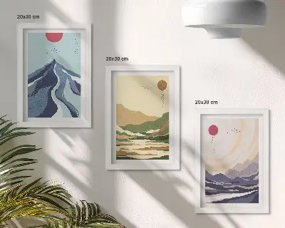 Lot de 3 tableaux motifs de montagnes aux couleurs pastel, style Japandi