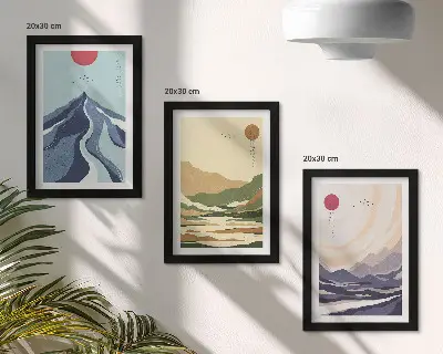 Lot de 3 tableaux motifs de montagnes aux couleurs pastel, style Japandi