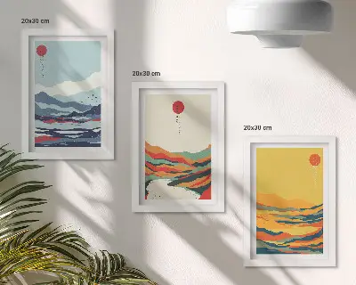 Ensemble de 3 tableaux représentant des paysages abstraits et colorés de montagnes et de rivières