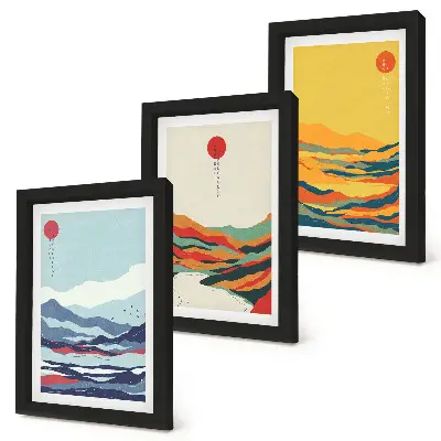Ensemble de 3 tableaux représentant des paysages abstraits et colorés de montagnes et de rivières