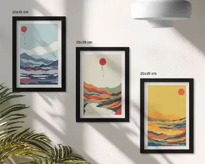 Ensemble de 3 tableaux représentant des paysages abstraits et colorés de montagnes et de rivières