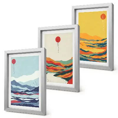 Ensemble de 3 tableaux représentant des paysages abstraits et colorés de montagnes et de rivières