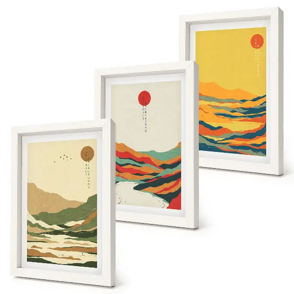 Lot de 3 tableaux motifs colorés de montagnes et de rivières style Japandi