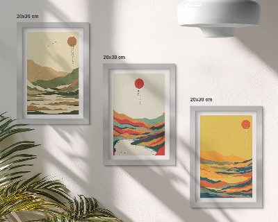 Lot de 3 tableaux Motifs colorés de montagnes et de rivières de style Japandi