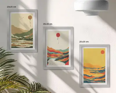 Lot de 3 tableaux motifs colorés de montagnes et de rivières style Japandi