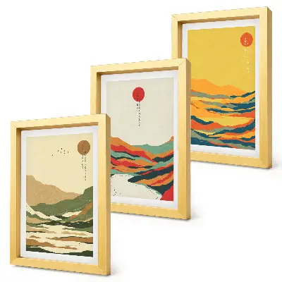 Lot de 3 tableaux motifs colorés de montagnes et de rivières style Japandi