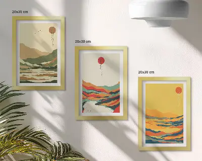 Lot de 3 tableaux motifs colorés de montagnes et de rivières style Japandi