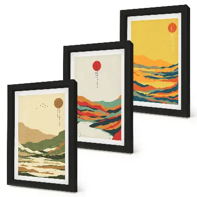Lot de 3 tableaux motifs colorés de montagnes et de rivières style Japandi