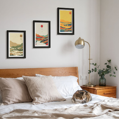 Lot de 3 tableaux Motifs colorés de montagnes et de rivières de style Japandi