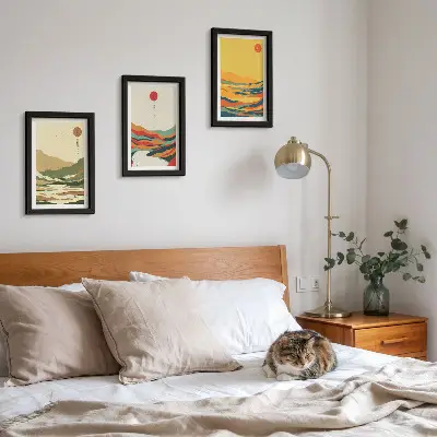 Lot de 3 tableaux motifs colorés de montagnes et de rivières style Japandi